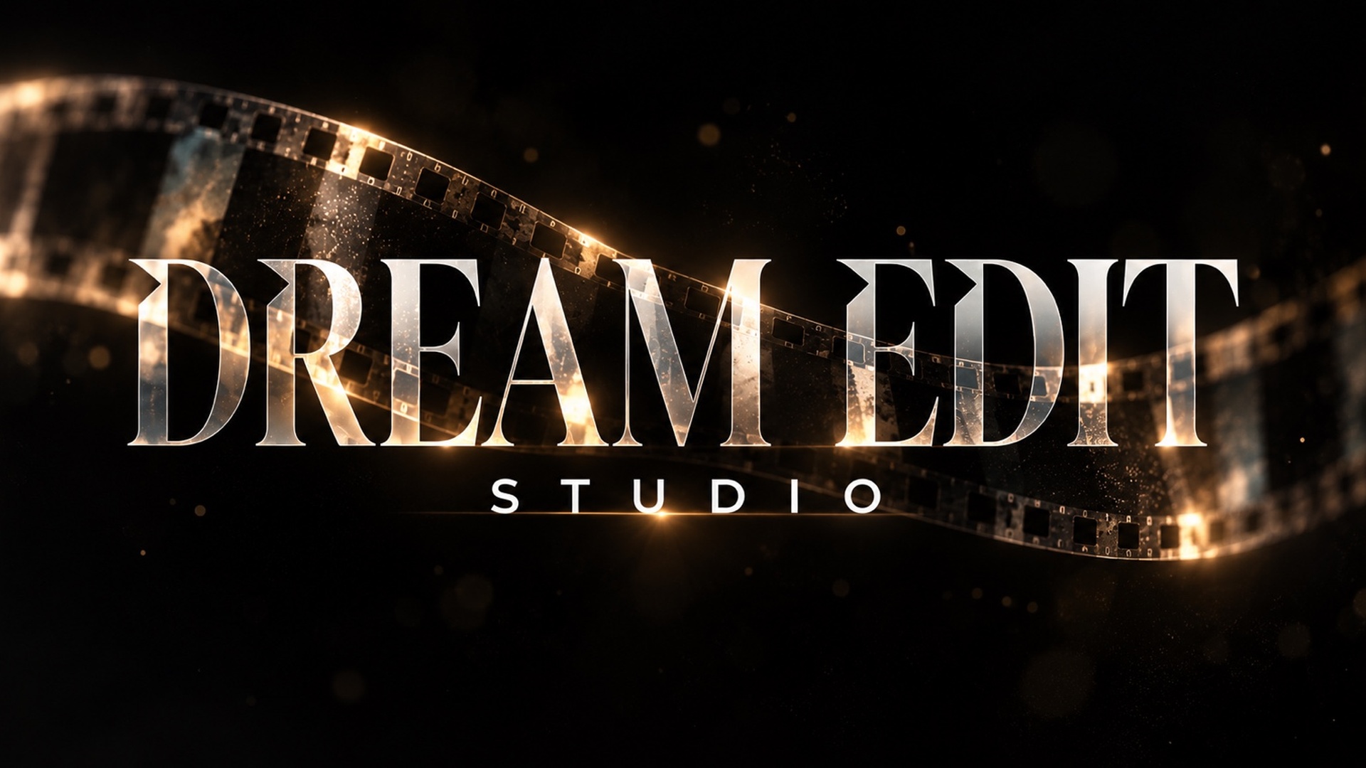 Dream Edit Studio — silver lettering over flowing amber-lit film strips