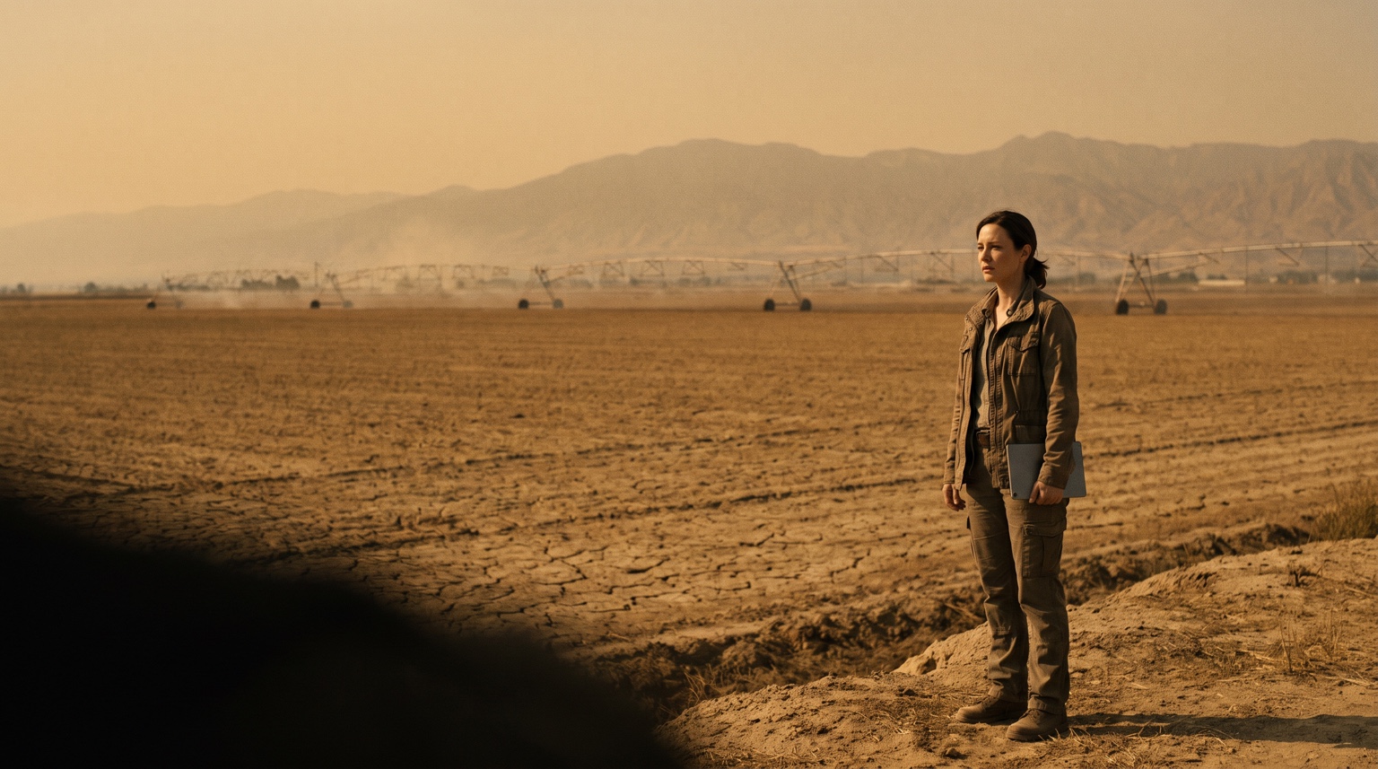 A scientist overlooks abandoned farmland beneath an amber sky