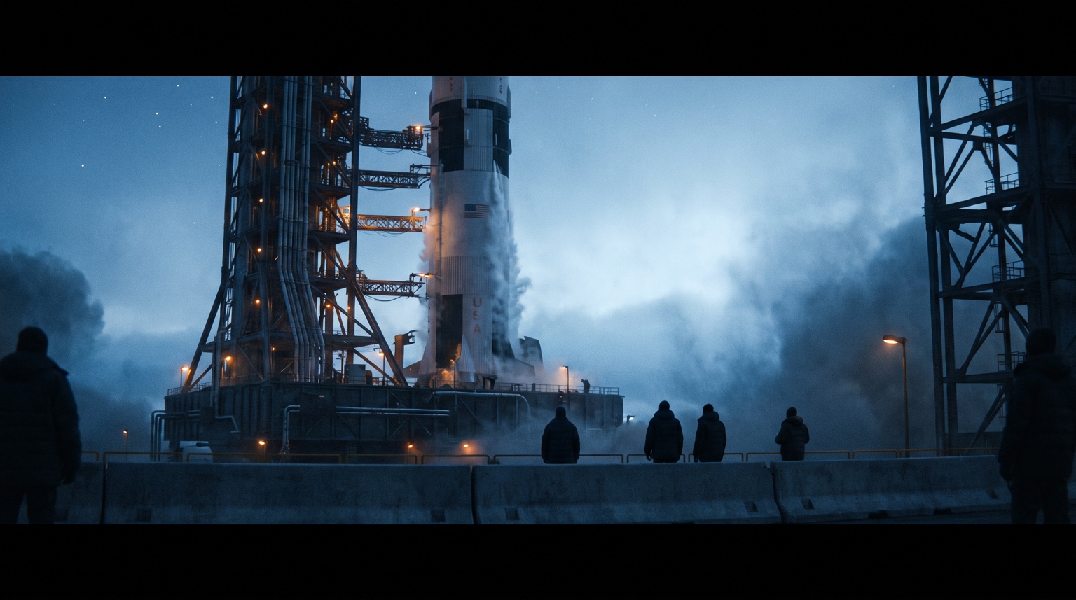 Mission personnel watch a lunar spacecraft at a misty predawn launch pad
