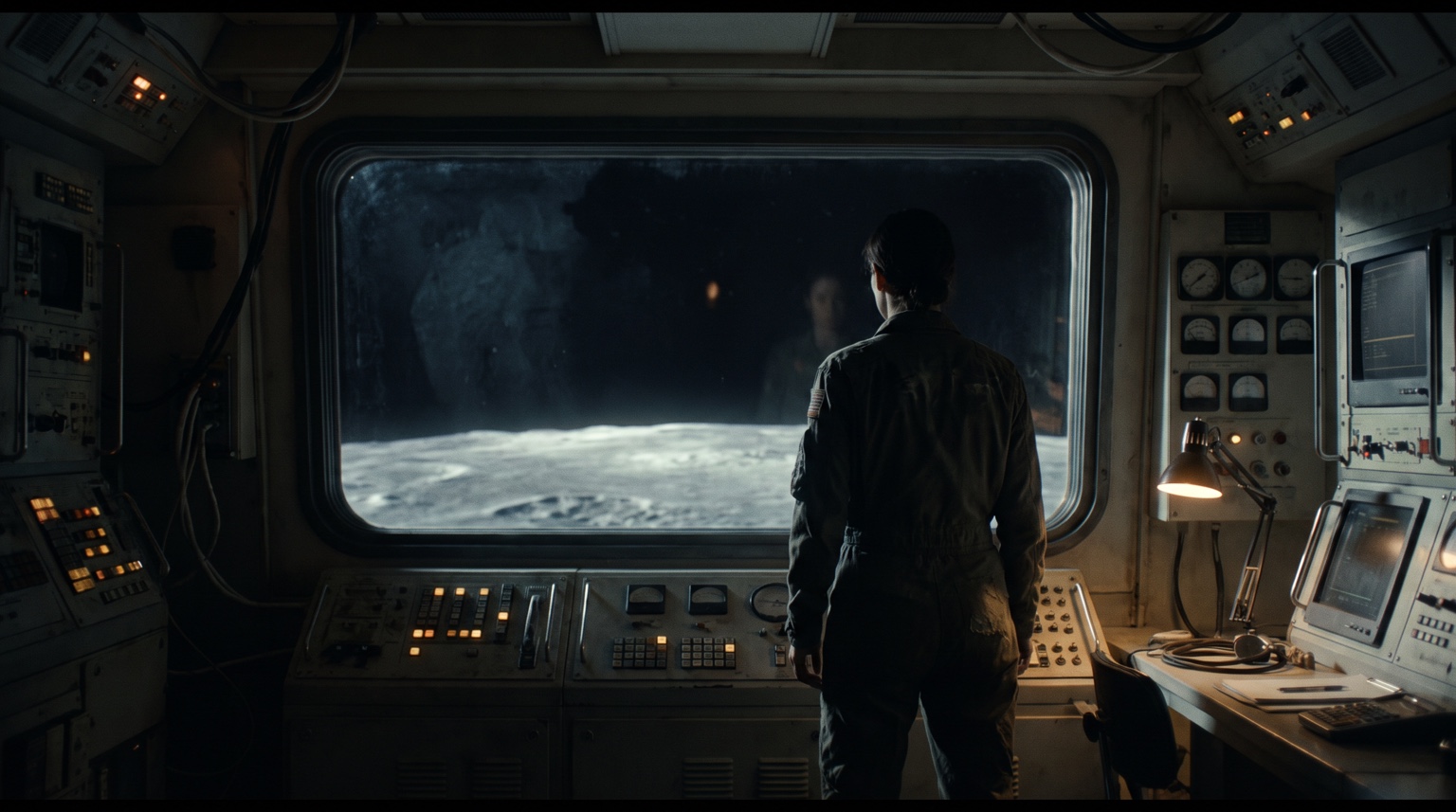 A scientist watches the Moon from a quiet lunar research station